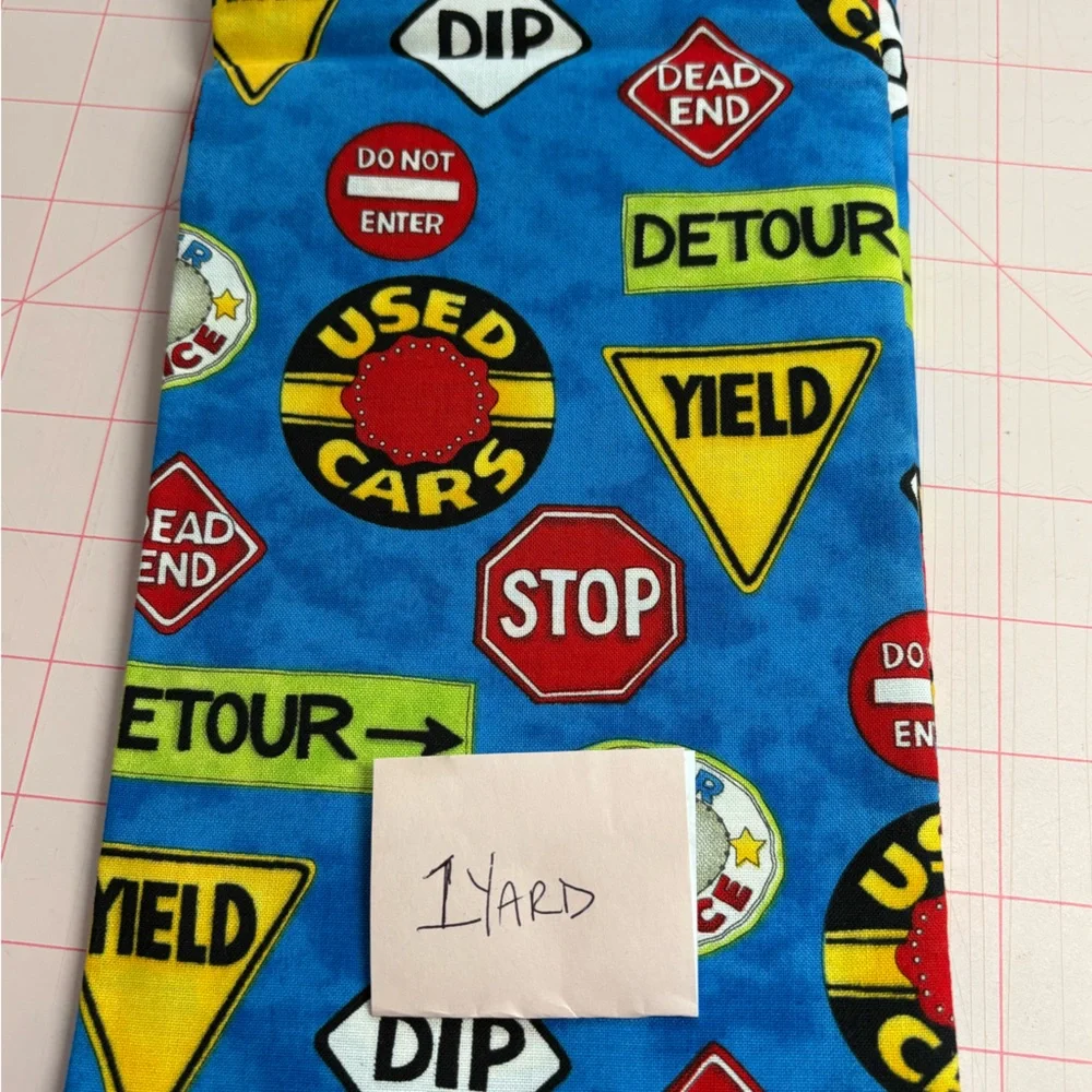 SSI Little Hot Rod Blue Traffic Sign Patterned Fabric - 1 Yard Cut. Cotton